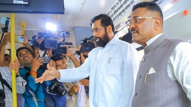 Thane: Maharashtra Deputy Chief Minister Eknath Shinde and state Minister of Transport Pratap Sarnaik during the inspection of the IT security system in the Smart Bus operated by the ST Corporation between Thane and Nagpur, in Thane on Wednesday. (ANI Photo)
