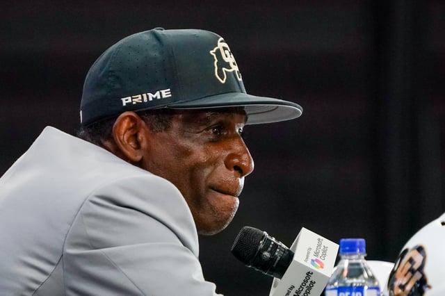 Jul 9, 2025; Frisco, TX, USA; Colorado head coach Deion Sanders speaks with the media during 2025 Big 12 Football Media Days at The Star. Mandatory Credit: Raymond Carlin III-Imagn Images/File Photo
