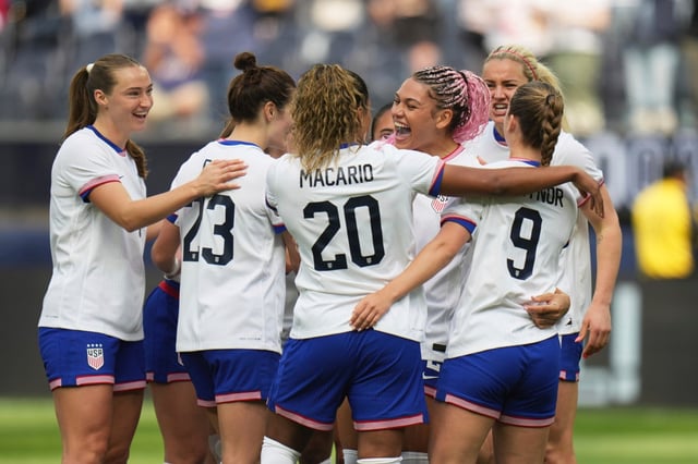 United States players celebrate a goal by forward Trinity Rodman, third from right, during the first half of a women&#39;s international friendly soccer match against Brazil in Inglewood, Calif. Saturday, April 5, 2025. (AP Photo/Jae C. Hong)