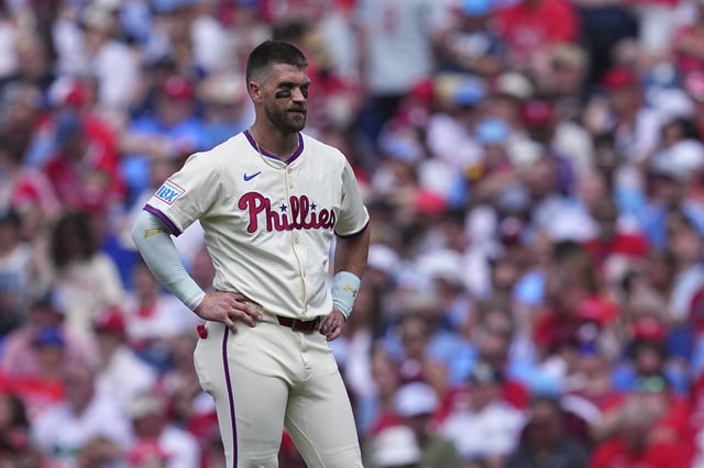 PHILADELPHIA, PENNSYLVANIA - JULY 20: Bryce Harper #3 of the Philadelphia Phillies looks on against the Los Angeles Angels at Citizens Bank Park on July 20, 2025 in Philadelphia, Pennsylvania. The Angels defeated the Phillies 8-2.