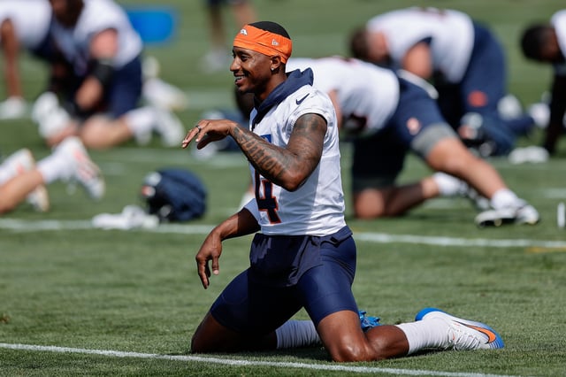 Jul 23, 2025; Englewood, CO, USA; Denver Broncos wide receiver Courtland Sutton (14) during Denver Broncos Training Camp. Mandatory Credit: Isaiah J. Downing-Imagn Images/File Photo