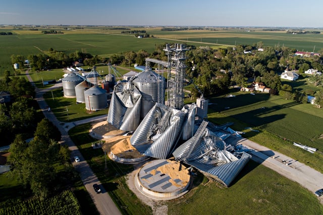 In this aerial image from a drone, derecho-damaged grain bins are shown at the Heartland Co-Op grain elevator on August 11, 2020, in Luther, Iowa.