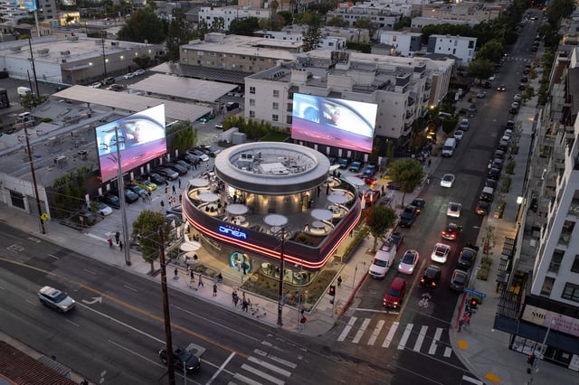 Aerial view of the Tesla Diner on July 21, 2025 in Los Angeles, California.