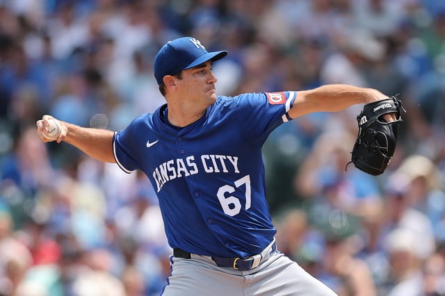 CHICAGO, ILLINOIS - JULY 23: Seth Lugo #67 of the Kansas City Royals delivers a pitch against the Chicago Cubs during the first inning at Wrigley Field on July 23, 2025 in Chicago, Illinois.