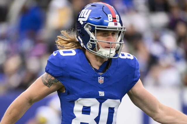 Gunner Olszewski #88 of the New York Giants looks on during the game against the Los Angeles Rams at MetLife Stadium on December 31, 2023 in East Rutherford, New Jersey.