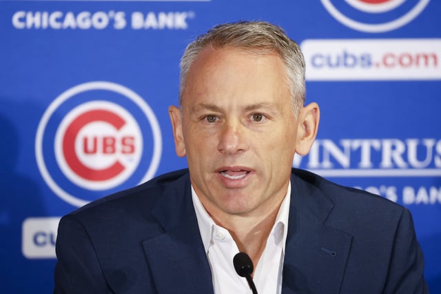 Nov 13, 2023; Chicago, Illinois, USA;
Chicago Cubs president of baseball operations Jed Hoyer speaks before introducing Craig Counsell as new Cubs manager during a press conference in Chicago. Mandatory Credit: Kamil Krzaczynski-USA TODAY Sports