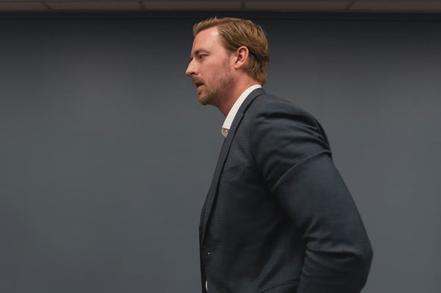 Oklahoma State Superintendent Ryan Walters leaves the Oklahoma State Board of Education meeting on April 25, 2024 in Oklahoma City.