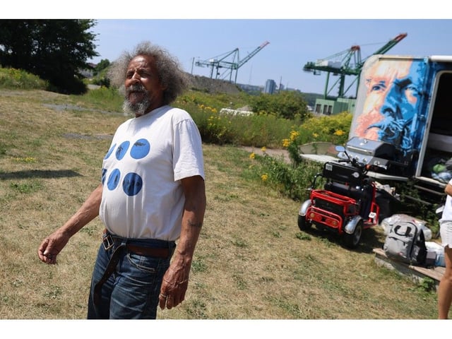  Former Africville resident and activist, Eddie Carvery, is seen outside his trailer at Africville Park in Halifax on Monday July 28, 2025. – Tim Krochak