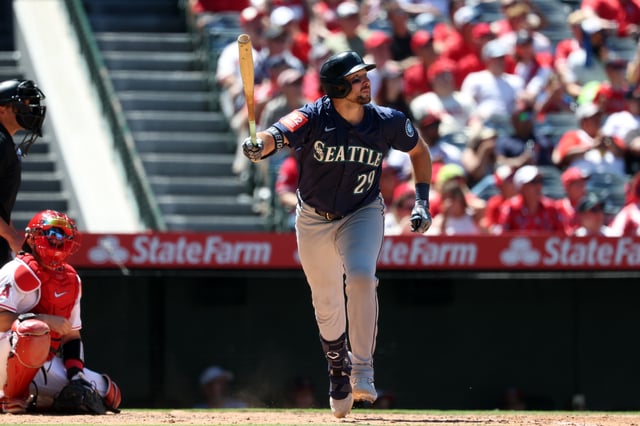 Jul 27, 2025; Anaheim, California, USA;  Seattle Mariners catcher Cal Raleigh (29) hits a home run during the seventh inning against the Los Angeles Angels at Angel Stadium. Mandatory Credit: Kiyoshi Mio-Imagn Images/File Photo