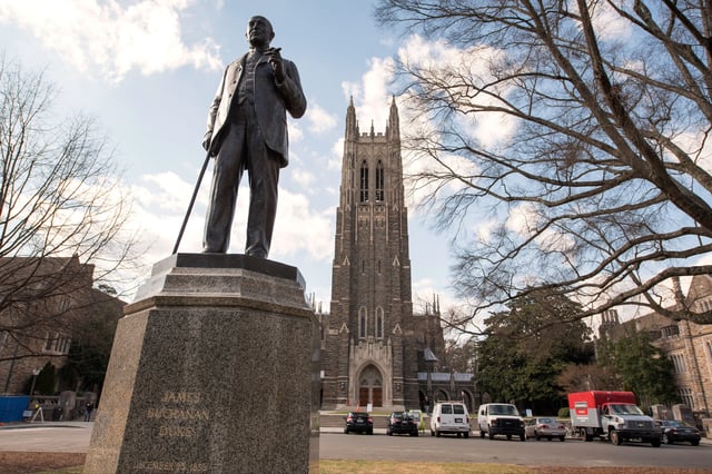 A general view of the Duke University Chapel and a statue of James Buchanan Duke on the Duke University campus on March 4, 2016 in Durham, North Carolina.