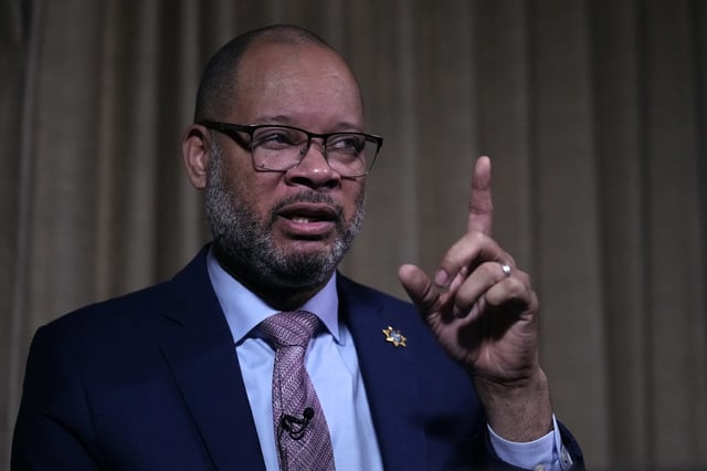 FILE - Aaron Ford, Attorney General of Nevada, answers a question during an interview at the State Attorneys General Association meetings, Nov. 16, 2023, in Boston. (AP Photo/Charles Krupa, File)