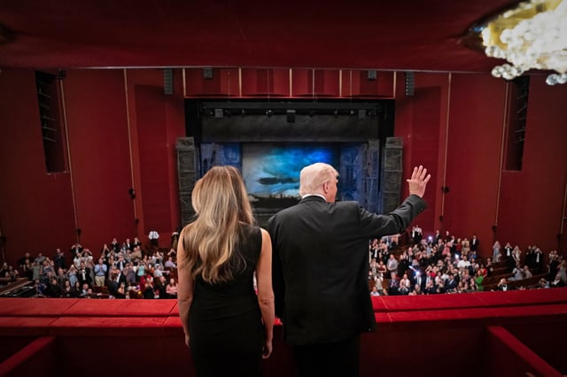 President Donald Trump and first lady Melania Trump attend the opening night of “Les Misérables” at the John F. Kennedy Center for the Performing Arts on June 11, 2025, in Washington, D.C.