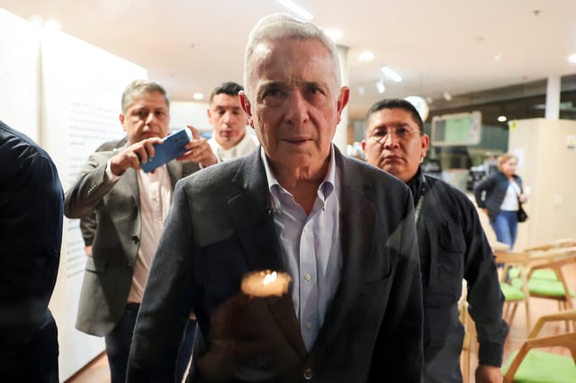 Former Colombia's President Alvaro Uribe visits the hospital where Senator Miguel Uribe Turbay is being treated after he was shot during a campaign event, in Bogota, Colombia, June 8, 2025. REUTERS/Luisa Gonzalez/File Photo
