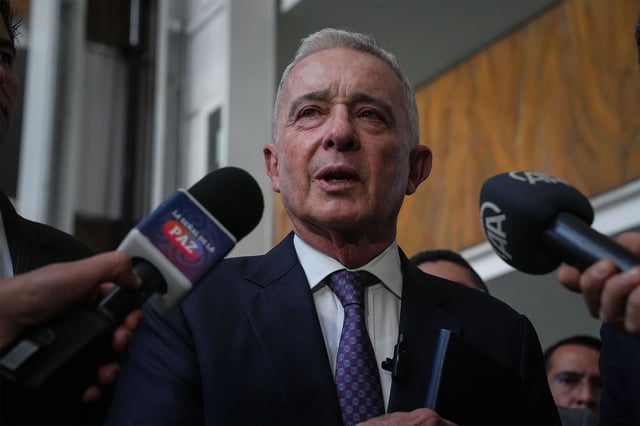 Former president Alvaro Uribe Velez is questioned during the final day of a four-day hearing in Bogota, Colombia on May 8.