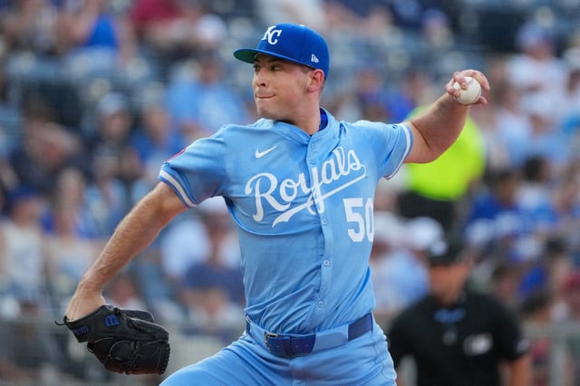 Jul 26, 2025; Kansas City, Missouri, USA; Kansas City Royals starting pitcher Kris Bubic (50) delivers a pitch against the Cleveland Guardians during the first inning at Kauffman Stadium. Mandatory Credit: Denny Medley-Imagn Images/File Photo