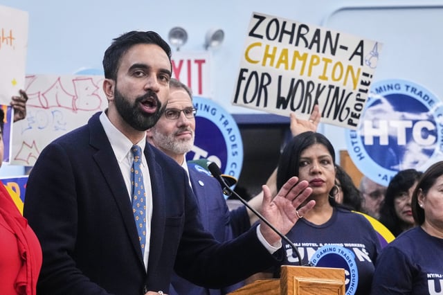 Democrat mayoral candidate Zohran Mamdani speaks during a rally at the Hotel &amp; GamingTrades Council headquarters in New York, Wednesday, July 2, 2025.