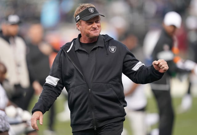 Head coach Jon Gruden of the Oakland Raiders looks on during pregame warm ups prior to the start of an NFL football game against the Los Angeles Chargers at RingCentral Coliseum on November 07, 2019 in Oakland, California.