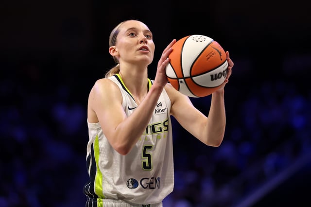 Paige Bueckers #5 of the Dallas Wings shoots a free throw during the second half of a game against the New York Liberty at College Park Center on July 28, 2025 in Arlington, Texas.