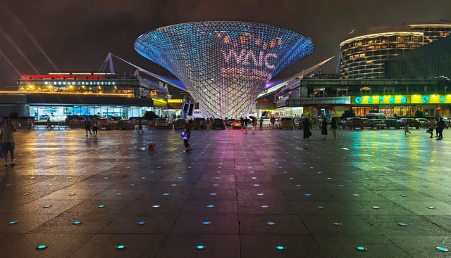 The World Artificial Intelligence Conference light show takes place outside The River Mall building in Shanghai, China, on July 27, 2025.