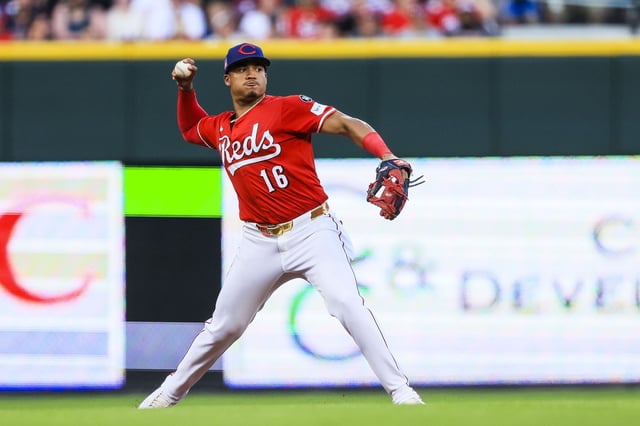 Jul 26, 2025; Cincinnati, Ohio, USA; Cincinnati Reds third baseman Noelvi Marte (16) throws to first to get Tampa Bay Rays catcher Danny Jansen (not pictured) out in the seventh inning at Great American Ball Park. Mandatory Credit: Katie Stratman-Imagn Images/File Photo
