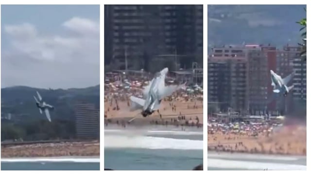 The EF-18 Hornet jet can be seen flying towards the beach at a very low altitude when it executes a sudden hard right roll. 