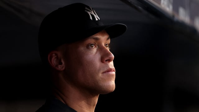 Injured Aaron Judge #99 of the New York Yankees stands in the dugout during their game against the Tampa Bay Rays at Yankee Stadium on July 28, 2025 in New York City. (Photo by EZRA SHAW / GETTY IMAGES NORTH AMERICA / Getty Images via AFP)