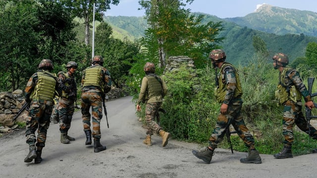 Security personnel during a cordon and search operation, near Dachigam in Srinagar district, Jammu and Kashmir, Monday, July 28, 2025.