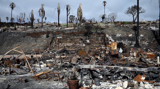 Gebäude entlang des Pacific Coast Highway wurden durch den Palisades-Brand in Kalifornien beschädigt. 