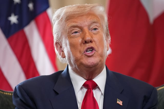 President Donald Trump reacts as he meets British Prime Minister Keir Starmer for bilateral talks at Trump Turnberry golf club on July 28, 2025, in Turnberry, Scotland.
