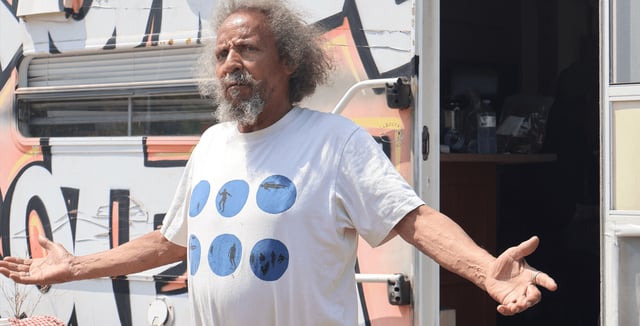 Eddie Carvery outside his trailer on July 28, 2025.