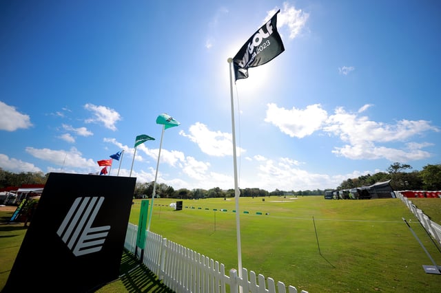 A flag with the LIV Golf logo is seen prior day three of the LIV Golf Invitational - Mayakoba at El Camaleon at Mayakoba on February 26, 2023 in Playa del Carmen, Mexico.