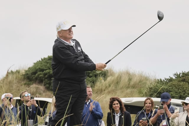 President Donald Trump tees off during the opening ceremony for the Trump International Golf Links golf course, near Aberdeen, Scotland, Tuesday, July 29, 2025. (AP Photo/Jacquelyn Martin)