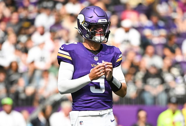 J.J. McCarthy #9 of the Minnesota Vikings looks on in the second quarter of the preseason game against the Las Vegas Raiders at U.S. Bank Stadium on August 10, 2024 in Minneapolis, Minnesota.