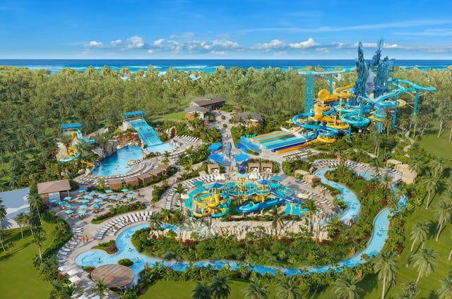 This rendering shows the nearly 6-acre Great Tides Waterpark slated to open in summer 2026 as part of Norwegian Cruise Line&#39;s plans to revamp its private Bahamas island Great Stirrup Cay. (Courtesy/Norwegian Cruise Line)