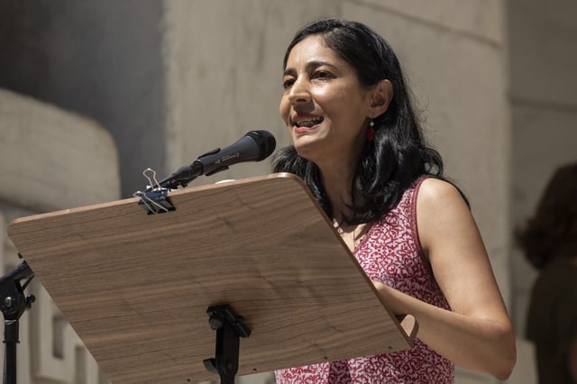 FILE - Indian author Kiran Desai speaks during a reading event in solidarity with Salman Rushdie outside the New York Public Library, Friday, Aug. 19, 2022, in New York. (AP Photo/Yuki Iwamura, File)