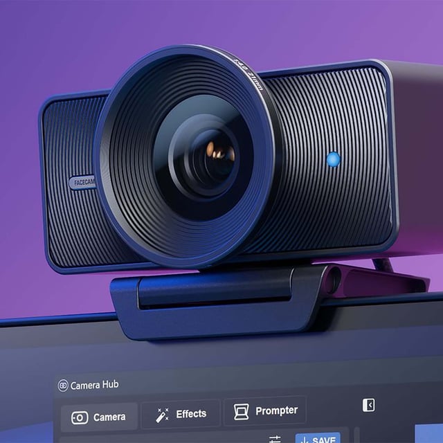 Elgato Facecam 4K on top of a monitor with Camera hub displayed on the screen. 