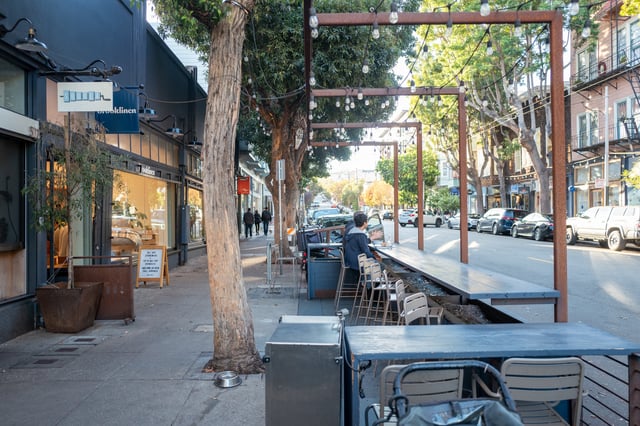 Outdoor seating area along a tree-lined street with boutique storefronts and parked cars, Hayes Valley, San Francisco, California, November 2, 2024
