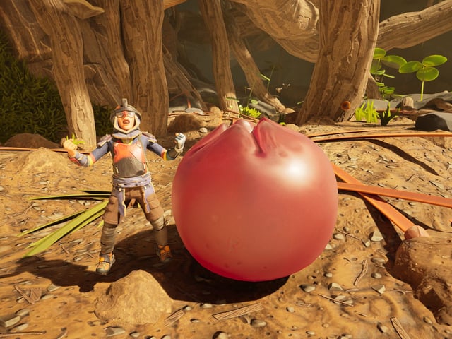 Grounded 2 lingonberry leather chunks: A character posing with their arms up and chest out, as if cheering, next to a lingonberry.
