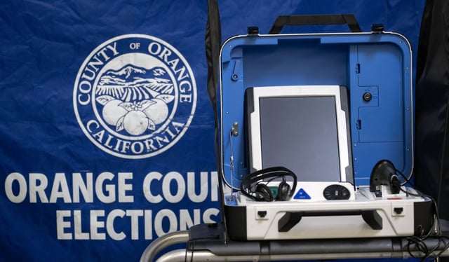 A touch screen ballot machine is displayed at the OC Registrar of Voters office during a media tour in Santa Ana on Tuesday, Oct. 29, 2024. Attorneys for Registrar of Voters Bob Page denied allegations made in a recent lawsuit by the federal Department of Justice. (Photo by Mindy Schauer, Orange County Register/SCNG)