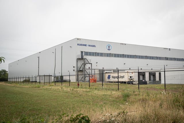 The Khehne and Nagel warehouse storing millions of contraceptives is seen in Geel, Belgium, on July 23.
