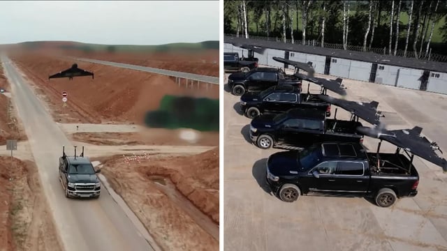Modifizierte Ram-1500-Pickups im russischen Propagandavideo: Von hier starten Kamikaze-Drohnen Richtung Ukraine – trotz geltender US-Sanktionen gegen Russland.