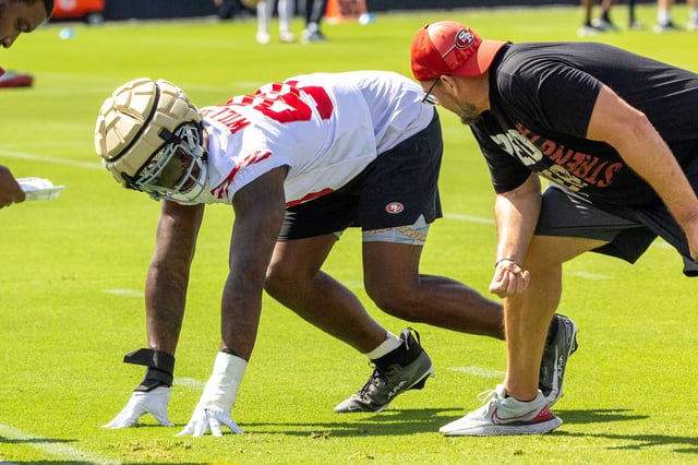 Mykel Williams (98) participates in a drill during the 49ers pre-season practice at Levi’s Stadium in Santa Clara Wednesday, July 23, 2025.