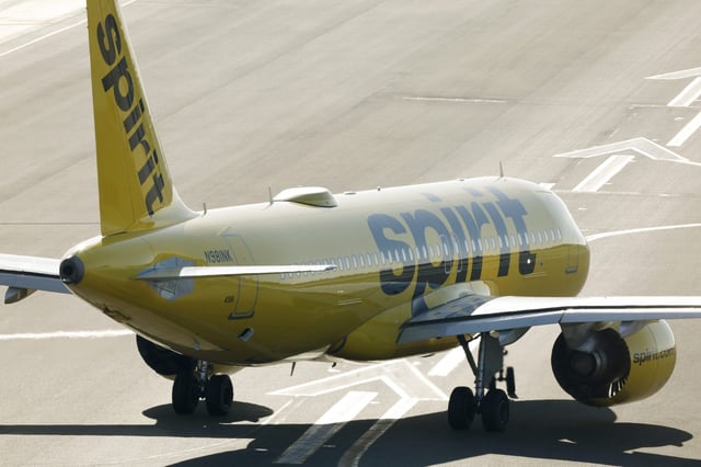 A Spirit Airlines Airbus A320 airplane taxis at San Diego International Airport before departing for Las Vegas on May 9, 2025 in San Diego, California.