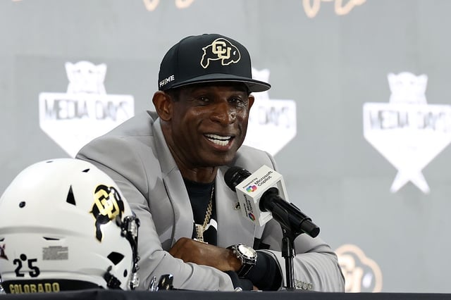 FRISCO, TEXAS - JULY 09: Head coach Deion Sanders of the Colorado Buffaloes speaks with the media during the Big 12 Media Days at The Ford Center at The Star on July 09, 2025 in Frisco, Texas. (Photo by Stacy Revere/Getty Images)