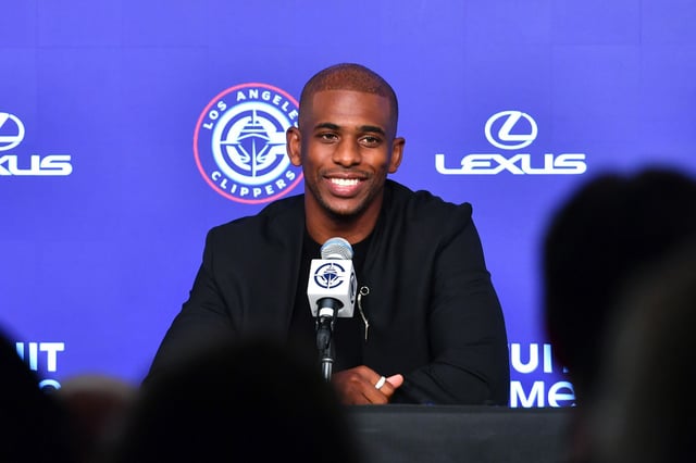 The LA Clippers introduce Chris Paul during a press conference on July 28, 2025 at Intuit Dome in Los Angeles, California.