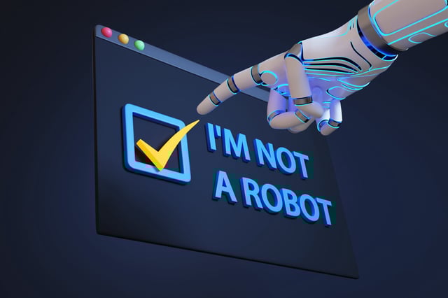 Robot hand is checking the box with a label I’M NOT A ROBOT on a window popup on a black background. 3D illustration of ridiculous situation artificial intelligence (AI) can easily bypass turing tests