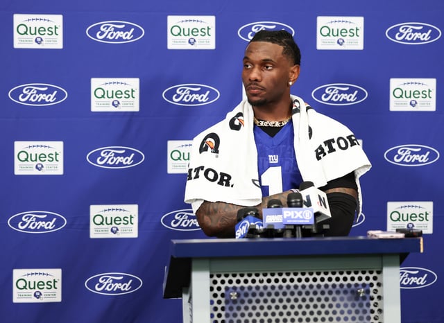 Malik Nabers #1 of the New York Giants speaks to the press during training camp at Quest Diagnostics Training Center on July 23, 2025 in East Rutherford, New Jersey.