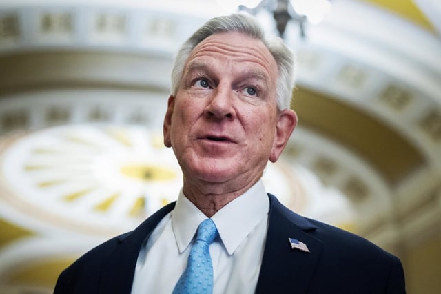 Sen. Tommy Tuberville, R-Ala., talks with reporters on July 22, 2025, at the Capitol.
