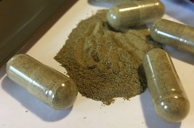FILE - This Sept. 27, 2017 file photo shows kratom capsules in Albany, N.Y. (AP Photo/Mary Esch, File)