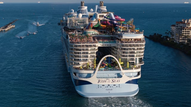 Royal Caribbean&#39;s Icon of the Seas pictured on February 3, 2024, in waters off Miami, Florida. The infinity pool can be seen linking two upper terraces.